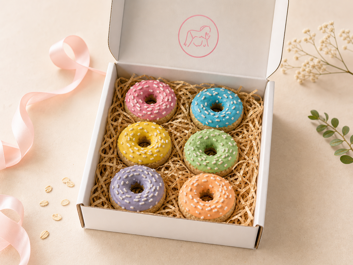 Geoeffnete Cookie-Box mit sechs bunten Pferde-Cookies