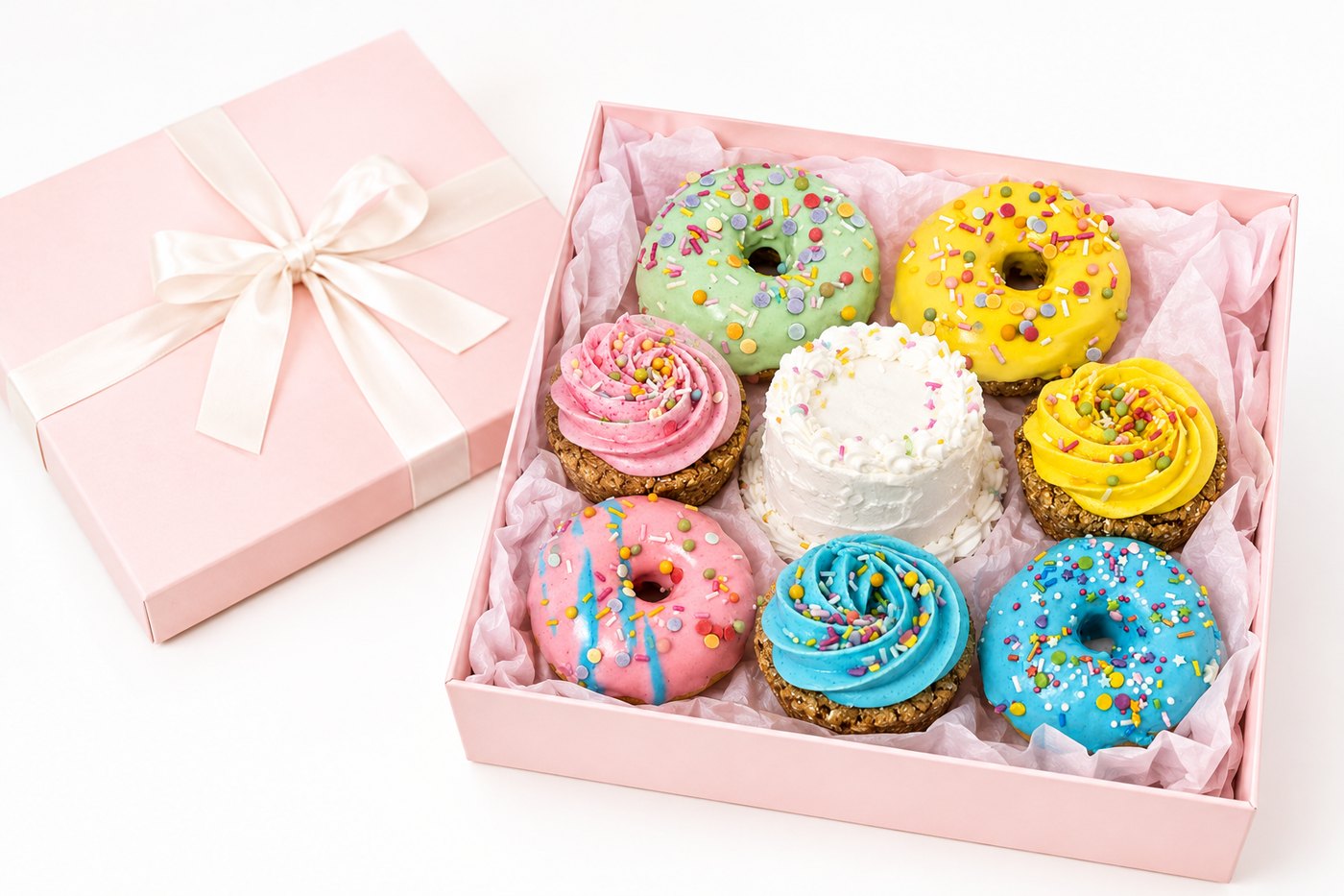 Offene Geschenkbox mit gemischten Pferde-Donuts und Cupcakes