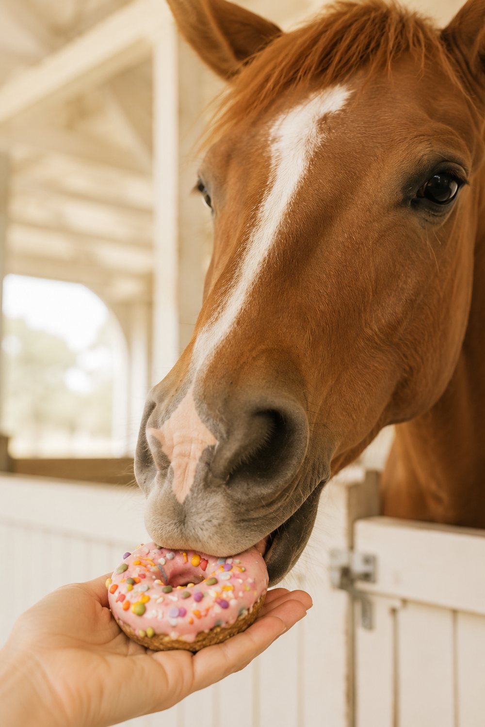 Pferd nascht einen Pastell-Donut aus der Hand