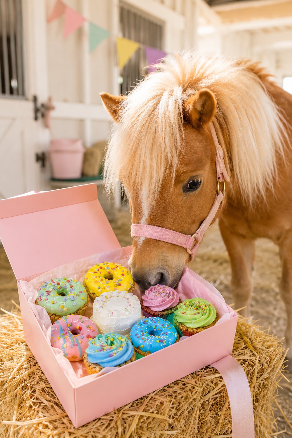 Pony schnuppert an einer Geschenkbox mit Leckerlis