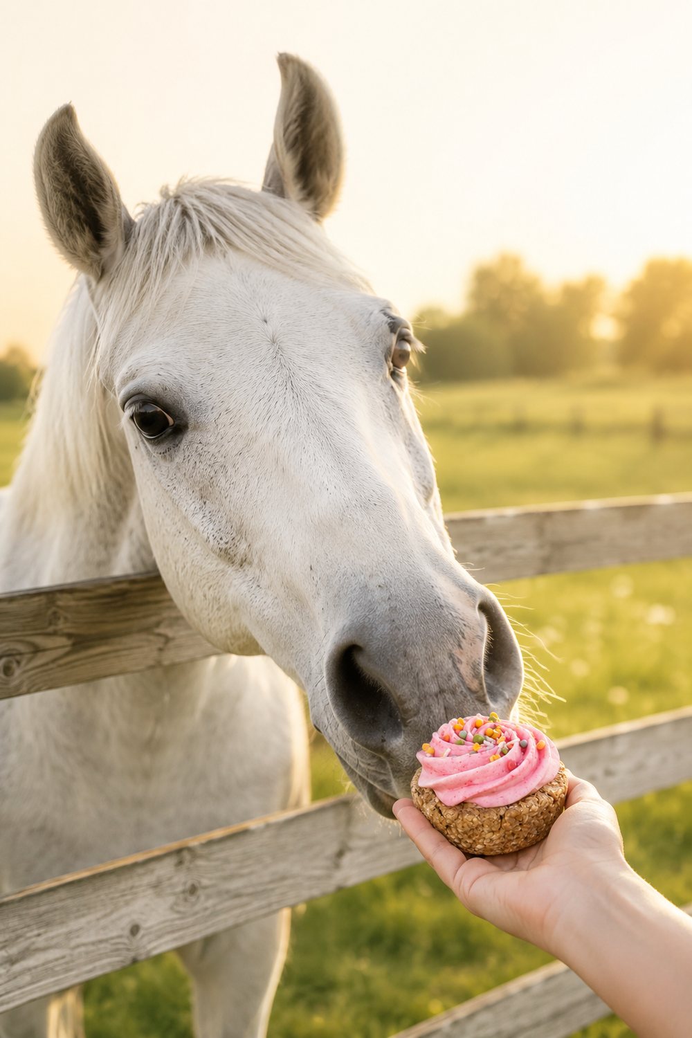 Pferd bekommt einen rosa Cupcake als Belohnung