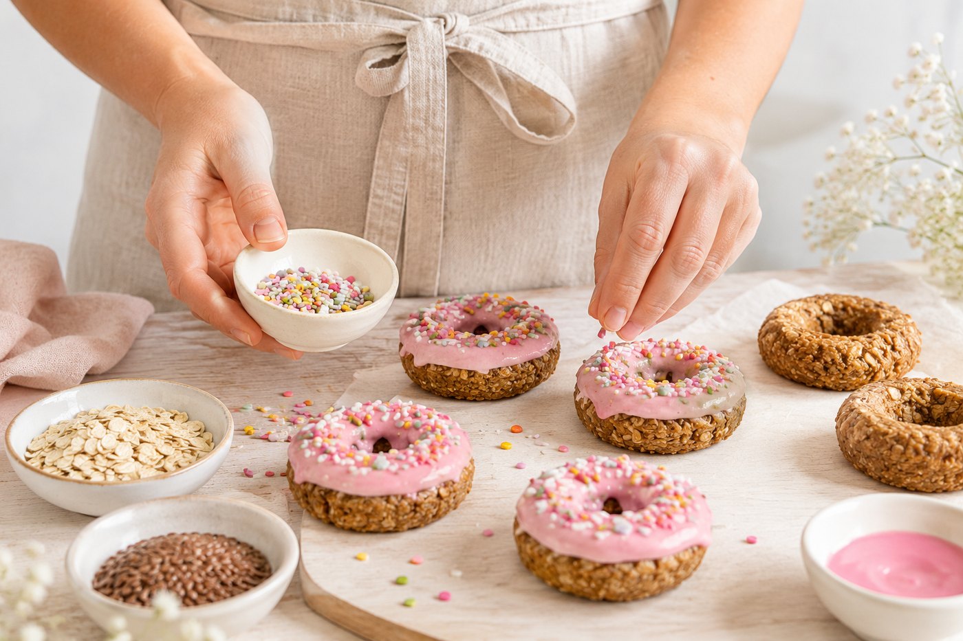 Backstube: Pferde-Donuts werden von Hand mit Zuckerguss dekoriert